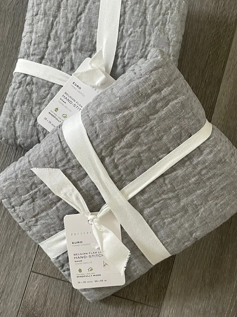 New Pottery Barn BELGIAN FLAX LINEN Hand Stitched Euro Shams Light Grey Set 2